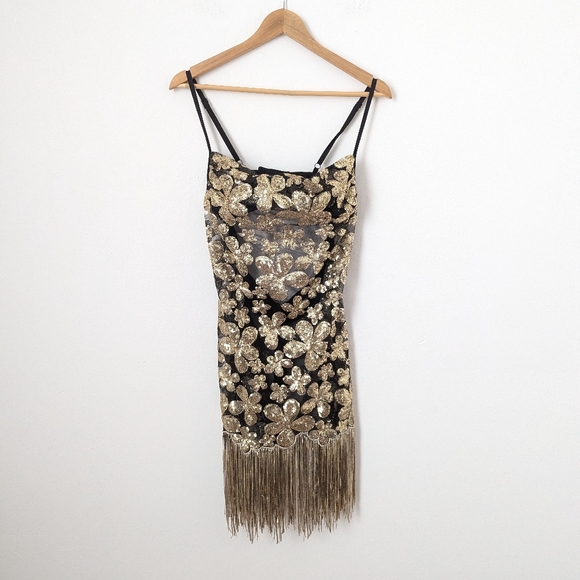 For Love And Lemons gold black sheer glitter sequin fringe Colette mini dress - Picture 3 of 6